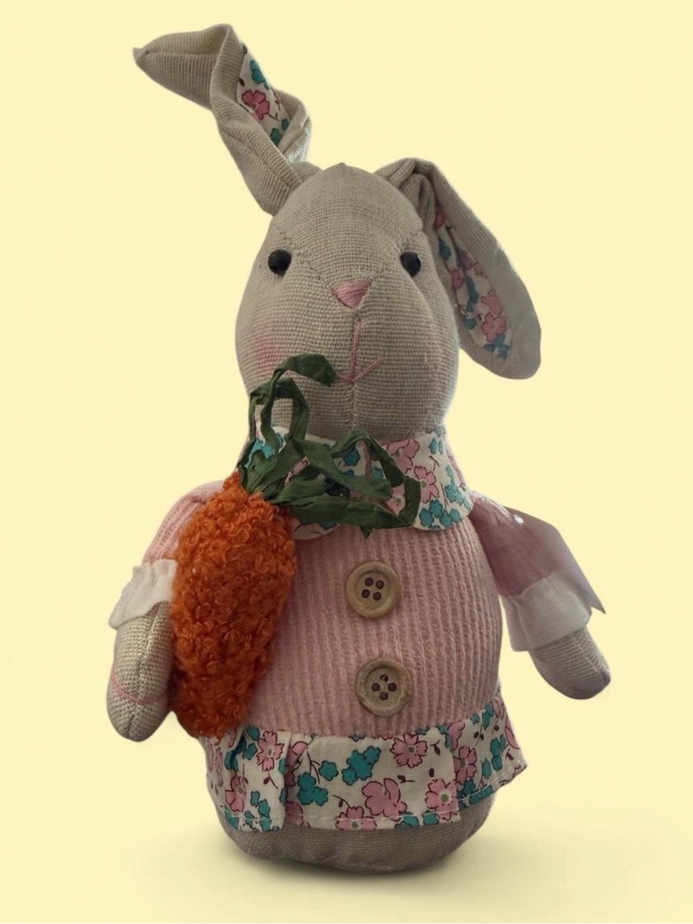Pink Floral Fabric Bunny Décor with Orange Carrot Accent Cottagecore